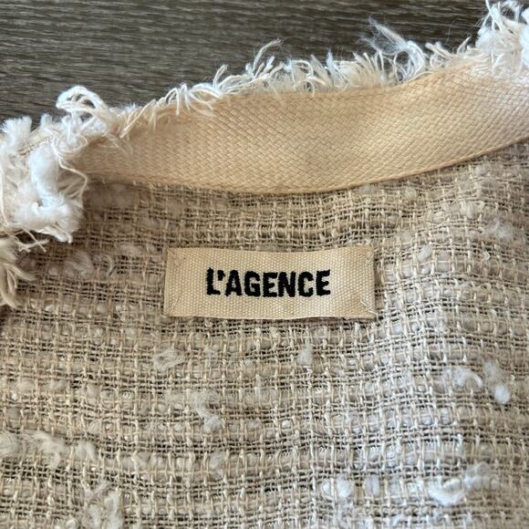 EUC L’AGENCE Cream Bouclé Tweed Open Front Frayed Jacket Sz 8 Silk Blend Cropped - Picture 8 of 16